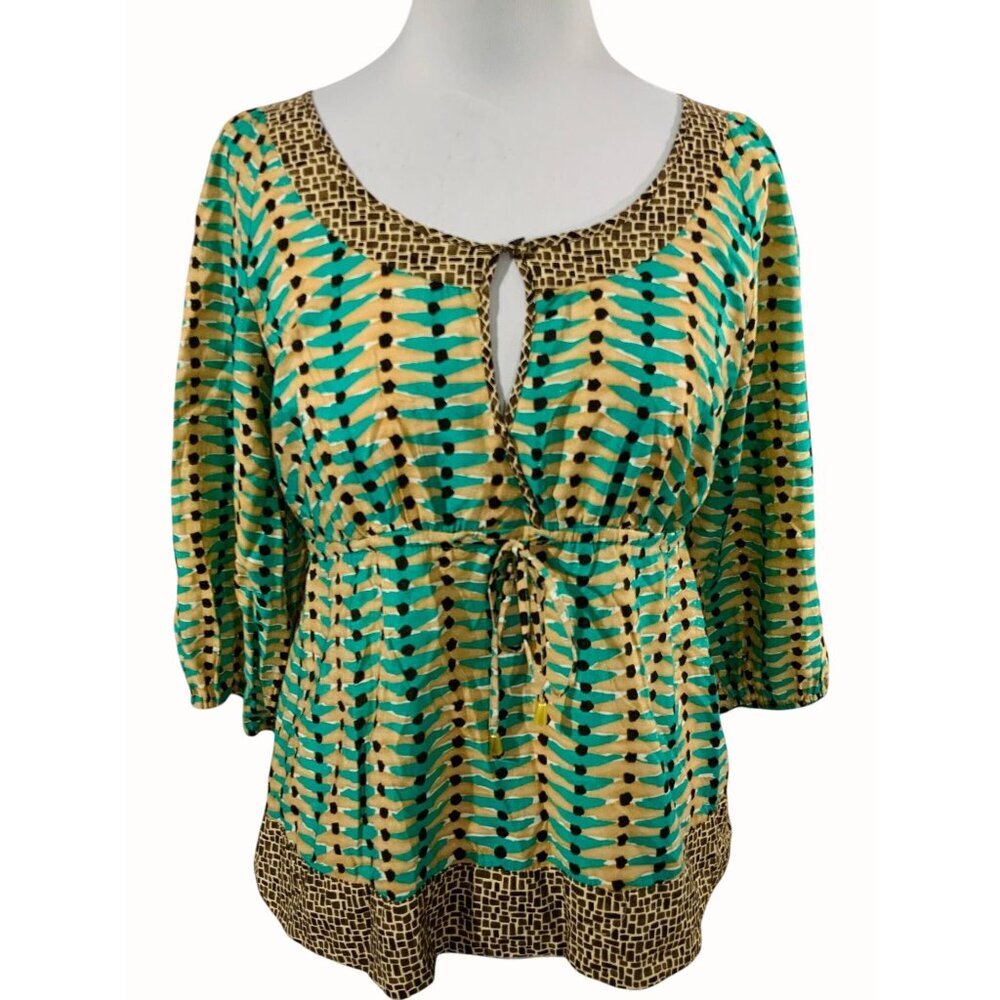 Rafaella Quarter Sleeve Tie Front Tunic Top Multicolor Geometric Size Large